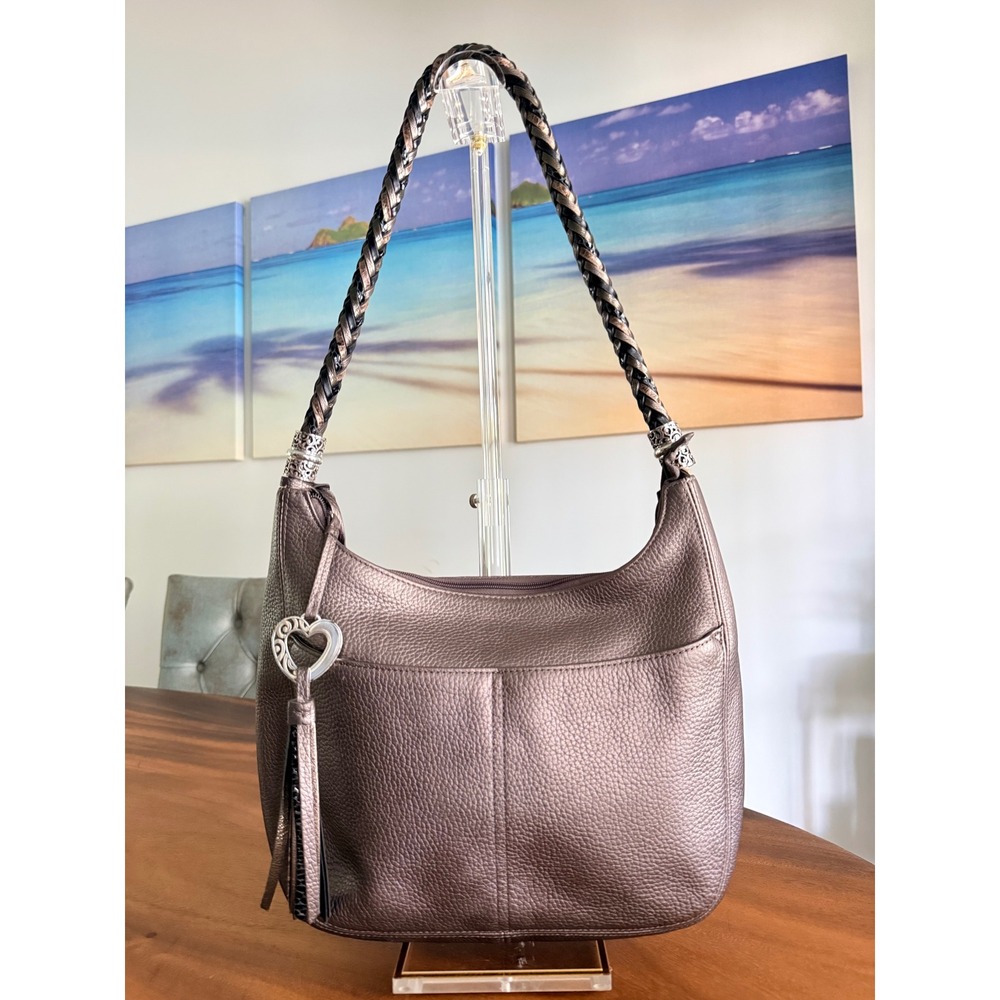 Brighton Barbados Metallic Bronze Pebbled Leather Hobo Bag Braided Strap E750416